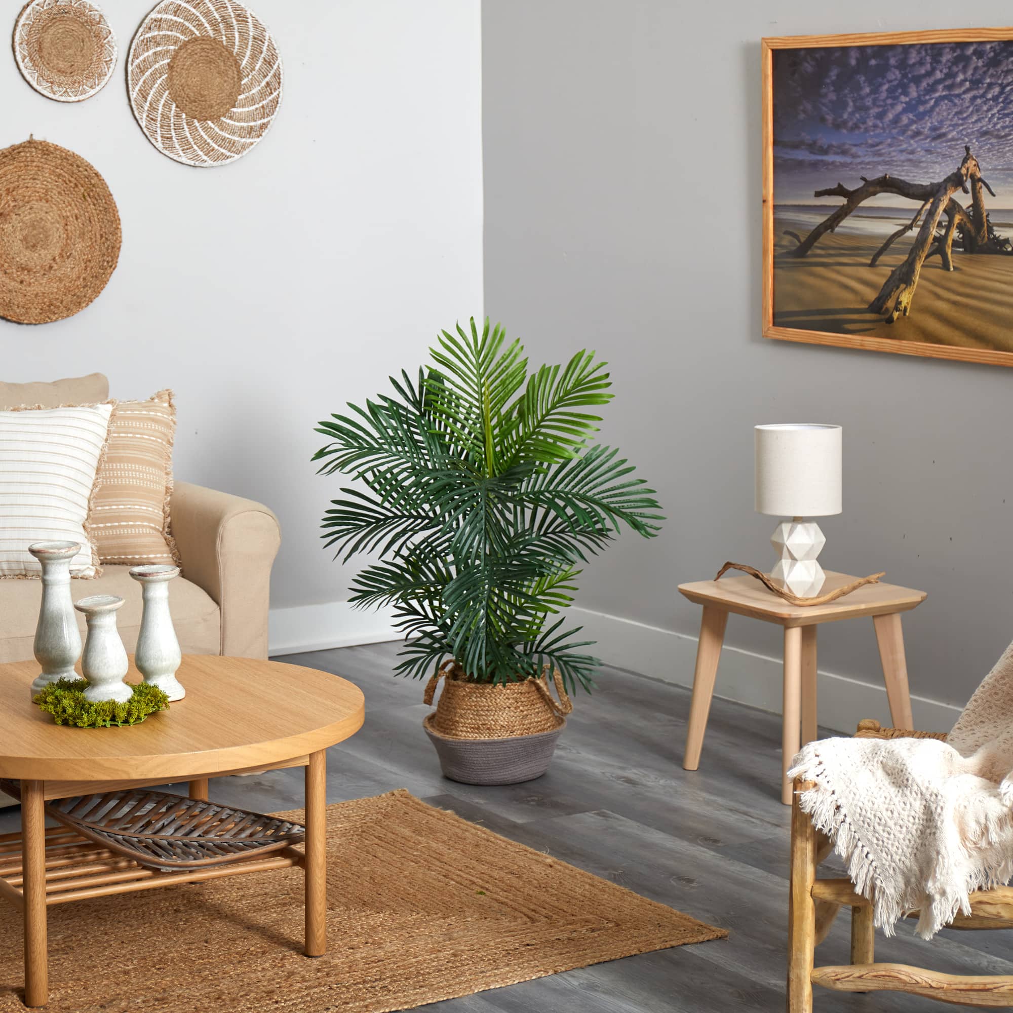 40" Areca Artificial Palm Tree in Boho Chic Handmade Cotton & Jute Gray Woven Planter UV Resistant (Indoor/Outdoor)
